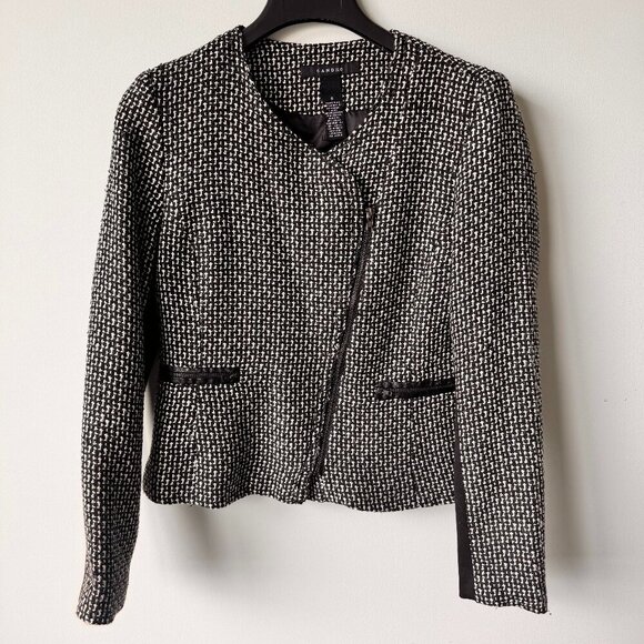 Sandro Paris Tweed Moto Style Collarless Blazer with Zipper Black/White - Picture 1 of 11